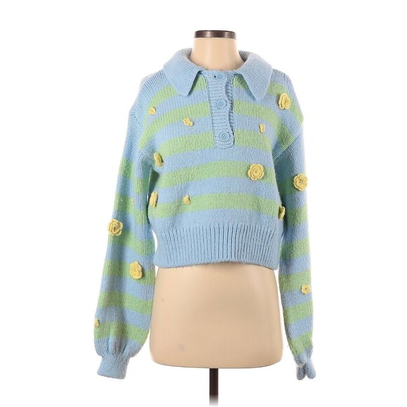 ZARA Blue Yellow Stripe Floral Embroidered Knit Polo Sweater  - S - Picture 1 of 2